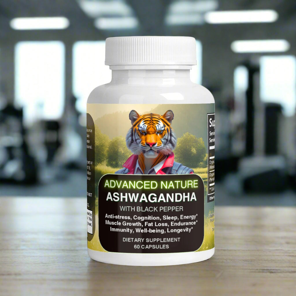 A white can of ADVANCED NATURE's Ashwagandha with black pepper with an amazing logo of human-like tiger, on a table in a modern gym in front of equipment and big windows