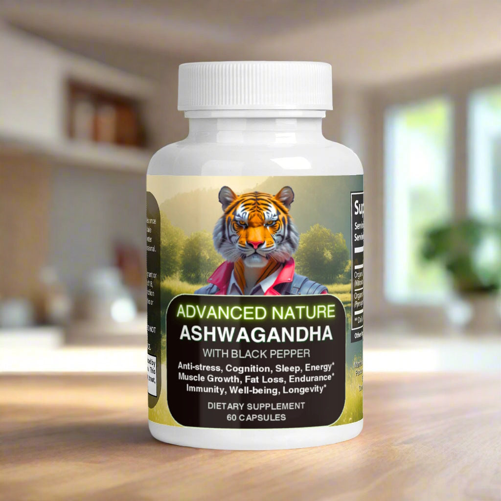 Advanced Nature's Ashwagandha with Black pepper, on a wooden table in a kitchen, in front of a big sunny window