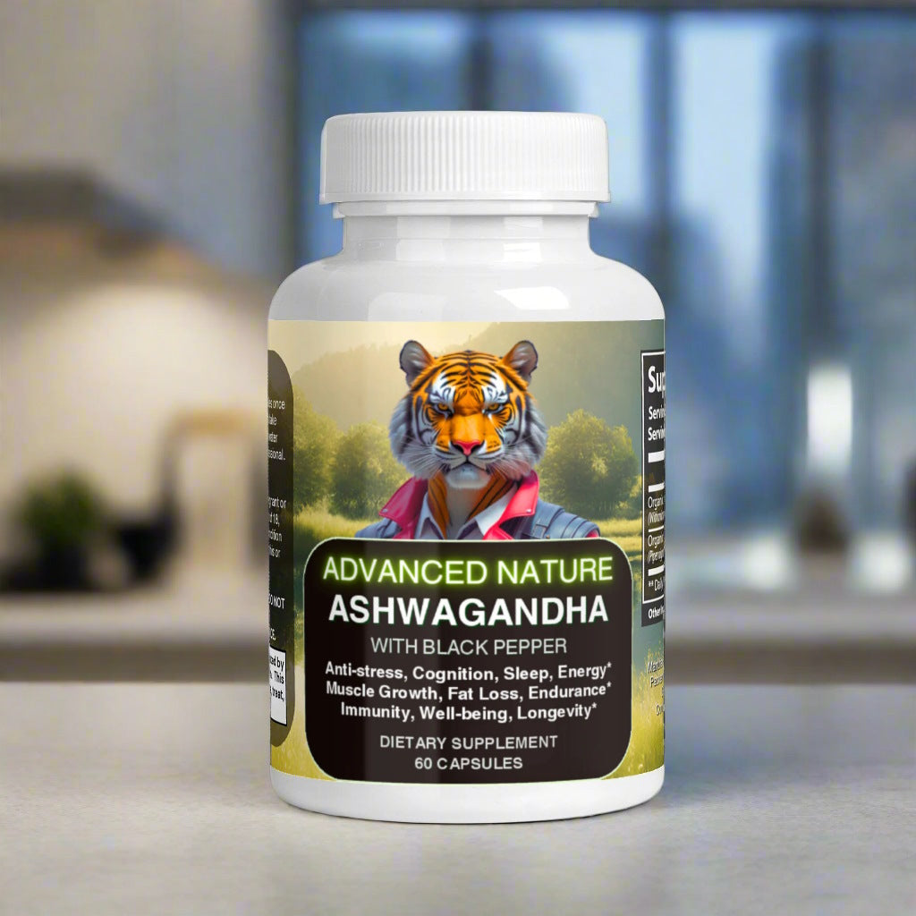 A white supplement can of ADVANCED NATURE's Ashwagandha with black pepper, 60 capsules, with a logo of stylish human-like tiger, on a table in a modern kitchen in front of a big window with a night city view