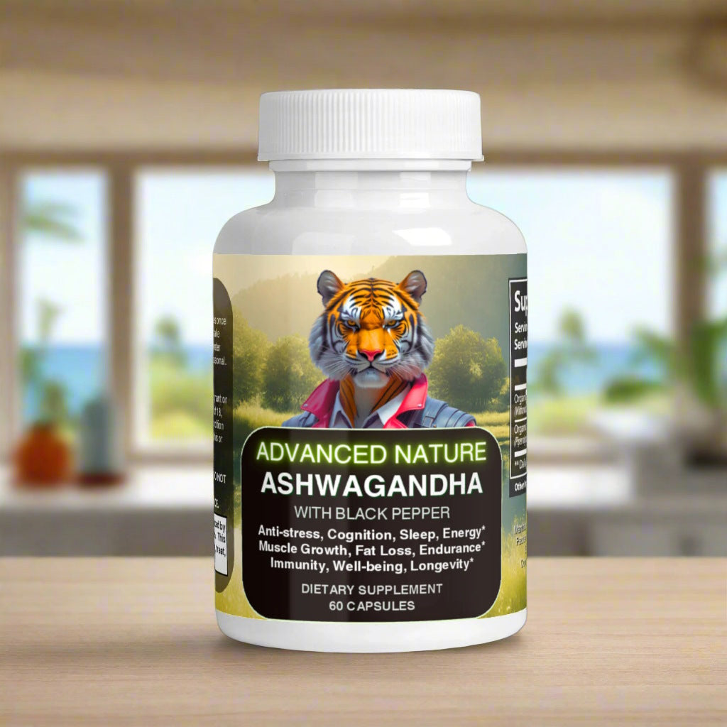 Advanced Nature Ashwagandha with black pepper, a white supplement can with a logo with Tiger, on a table in a modern kitchen