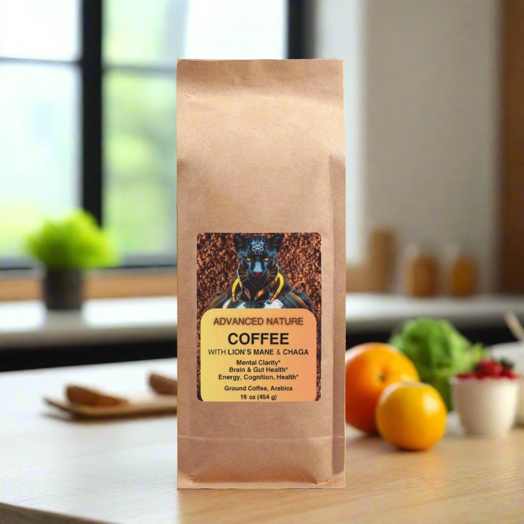 A brown paper bag of "Advanced Nature Coffee with Lion’s Mane & Chaga" sits on a wooden kitchen table.