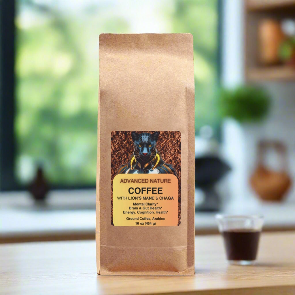 A bag of "Advanced Nature Coffee with Lion’s Mane & Chaga" is displayed on a wooden kitchen table, with a small glass cup of brewed coffee slightly out of focus behind it.