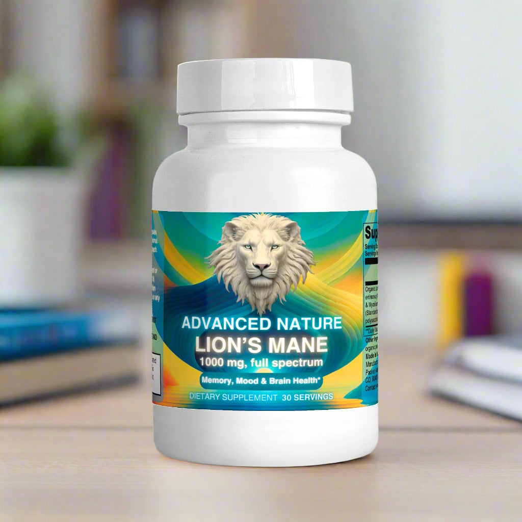 advanced nature lion's mane white supplement can, on a table near books