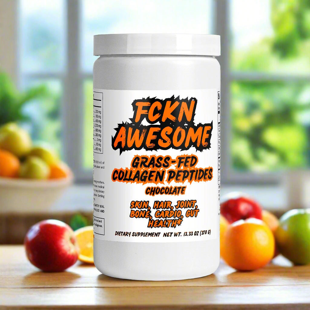 A white can of FCKN AWESOME's grass-fed collagen peptides (chocolate, 378 gram), in a modern kitchen on a wooden table near fruits, in front of a big sunny window