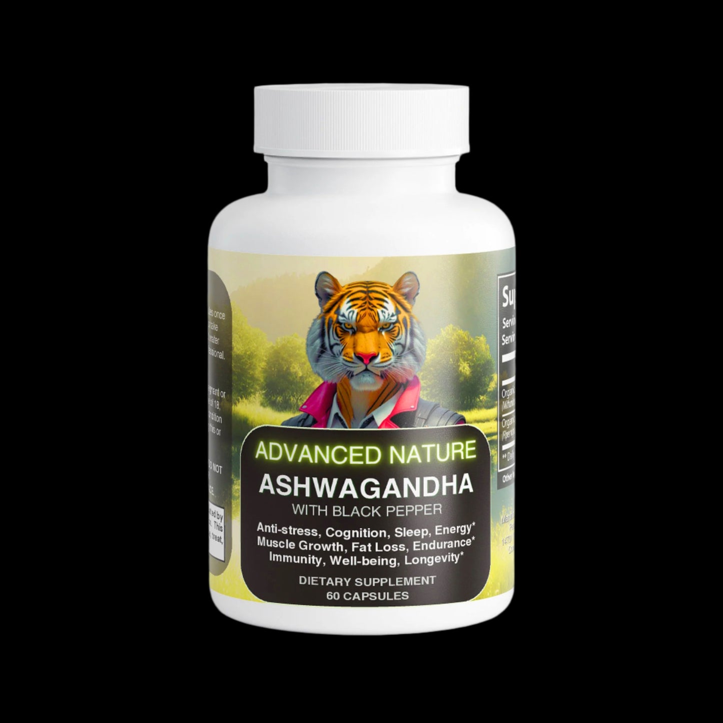 A dietary supplement bottle labeled "ADVANCED NATURE ASHWAGANDHA WITH BLACK PEPPER" containing 60 capsules. The label highlights an array of benefits including anti-stress, enhanced cognition, improved sleep, increased energy, muscle growth, fat loss, boosted endurance, strengthened immunity, overall well-being, and longevity. Logo features an intricately detailed tiger’s face with penetrating eyes, bold stripes, and a fierce yet majestic expression that symbolizes strength, vitality and the power of nature