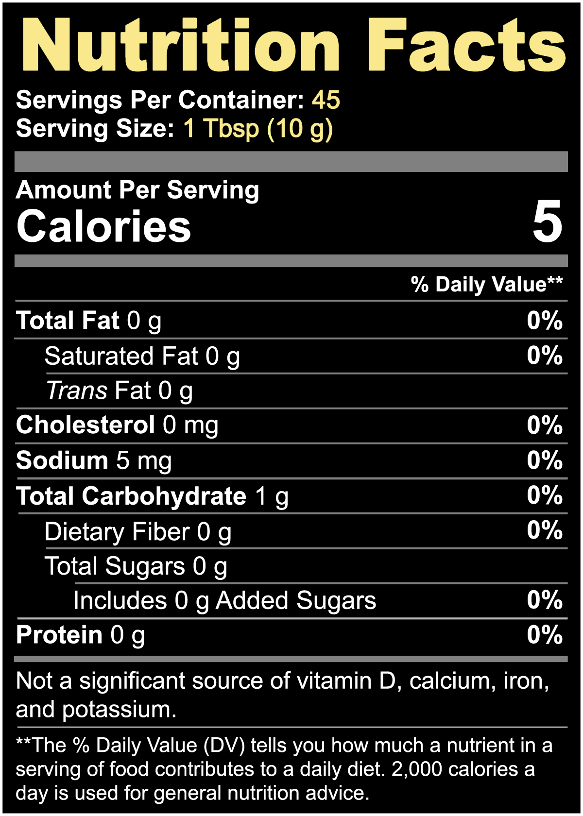Nutrition facts label for Coffee with Lion's Mane & Chaga showing 5 calories per 10g serving, 45 servings per container