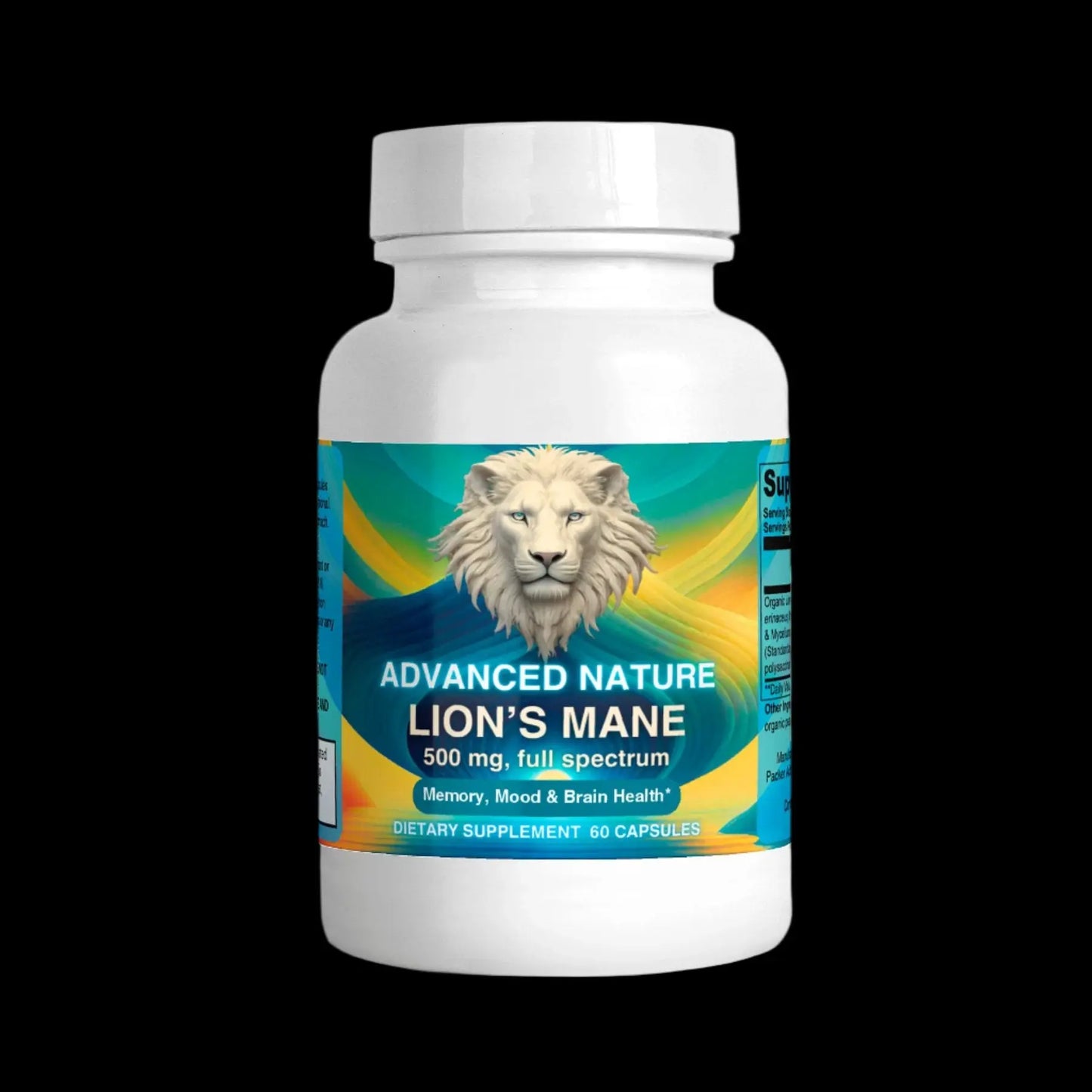 Photo of the ADVANCED NATURE's white plastic bottle with a vibrant teal and gold label. The label features a white lion’s head with a majestic mane. The text highlights "Lion’s Mane 500 mg, Full Spectrum" with benefits for memory, mood, and brain health. The dietary supplement contains 60 capsules.