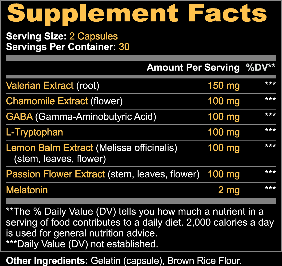 Advanced Nature Sleep Vibes capsules. Supplement facts label for a sleep support supplement showing serving size "2 capsules" and "30 servings per container." Ingredients listed with amounts include valerian extract 150 mg, chamomile extract 100 mg, GABA 100 mg, L-tryptophan 100 mg, lemon balm extract 100 mg, passion flower extract 100 mg, and melatonin 2 mg, with note "Daily Value not established" and "Other Ingredients: Gelatin (capsule), Brown Rice Flour."