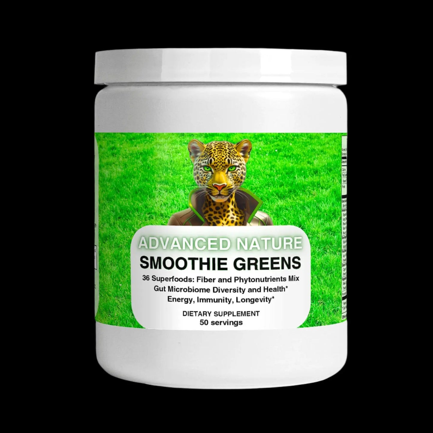 Photo of the ADVANCED NATURE's white plastic tub with a green-themed label. The label features a human-like jaguar wearing a futuristic jacket against a lush green background. The product is titled "Smoothie Greens," containing 36 superfoods with fiber and phytonutrients for gut microbiome diversity and health, energy, immunity, and longevity. The dietary supplement includes 50 servings.