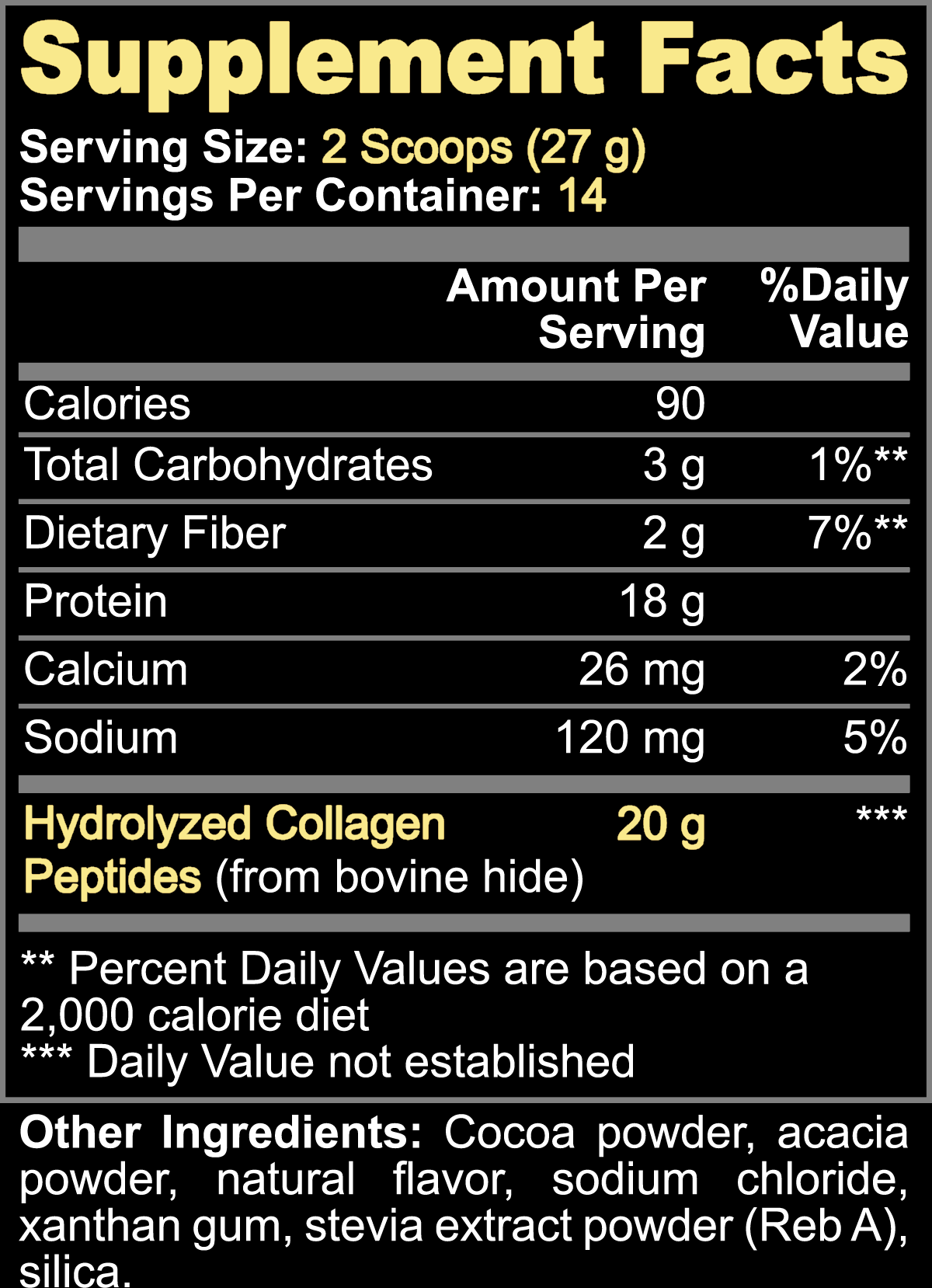 Chocolate Collagen Peptides Powder supplement facts label showing 20g hydrolyzed collagen peptides and nutrition information per serving