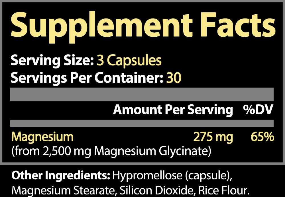 Magnesium Glycinate supplement facts label showing 275mg per serving, 90 capsules with 30 servings per container