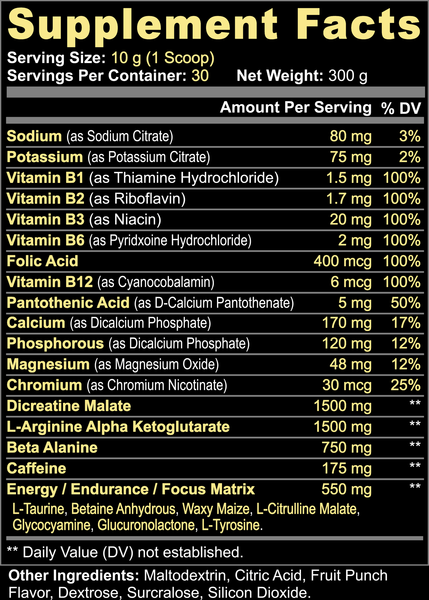 Pre-Workout Powder Fruit Punch supplement facts panel showing nutritional information and ingredients for performance enhancement