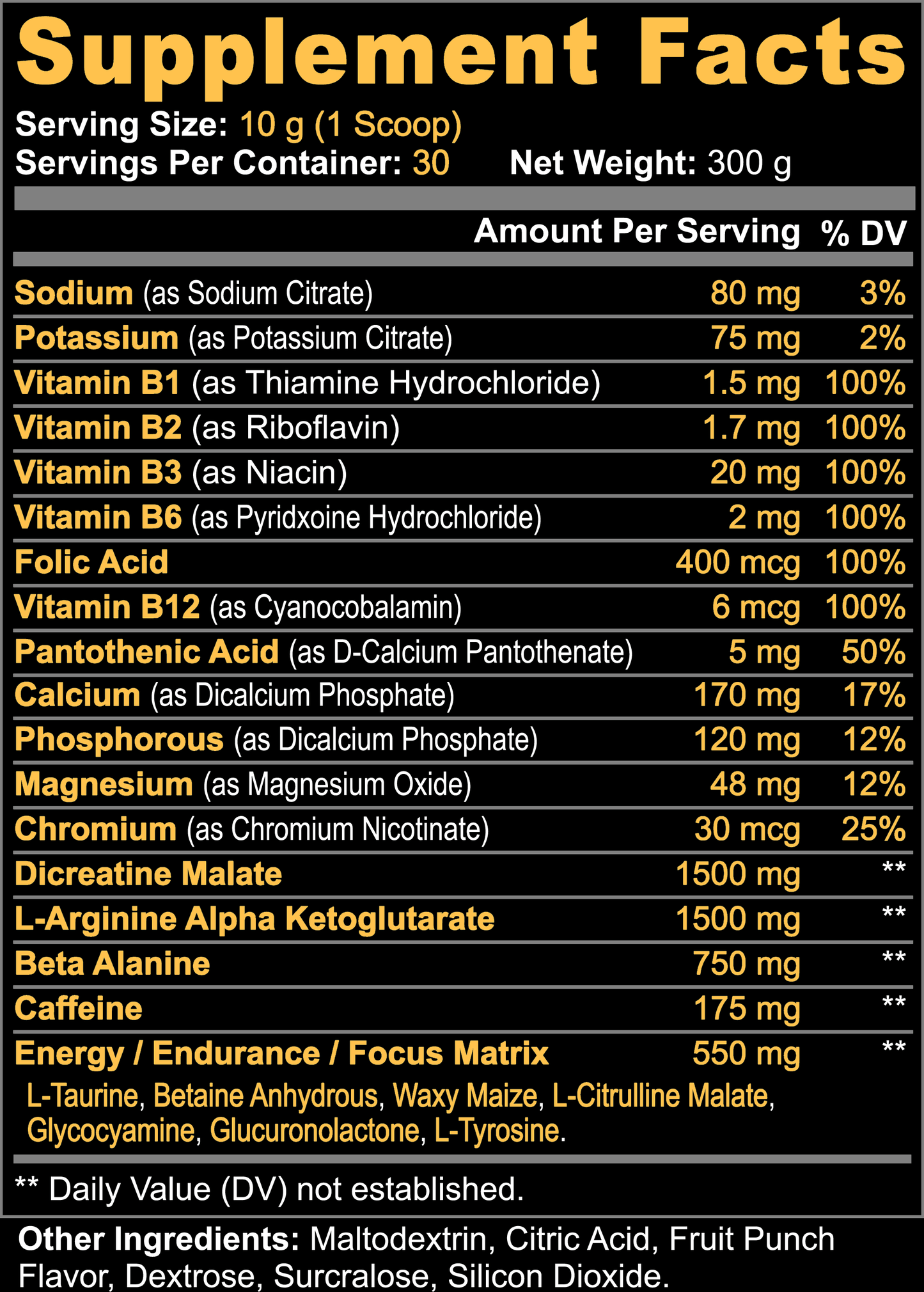 Supplement Facts label for FCKN FIRE Pre-Workout. One 10g serving provides 100% DV of Vitamins B1, B2, B3, B6, B12, and Folic Acid.
Other Ingredients: 1500mg Dicreatine Malate, 1500mg L-Arginine AKG, 750mg Beta Alanine, 175mg Caffeine, 550mg Energy Matrix (including Taurine, Citrulline, and Tyrosine), and others.
Contains 30 servings per container in Fruit Punch flavor.