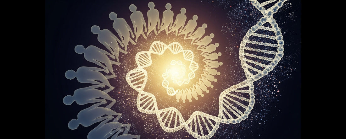 A glowing DNA double helix spirals toward the viewer against a dark background, transitioning into a circular pattern of human silhouettes that mimic its shape.
