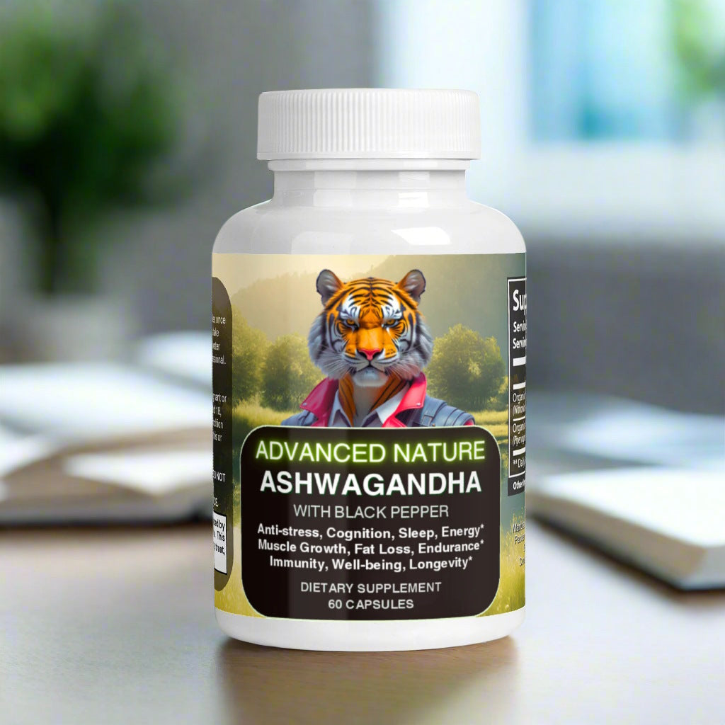 A white can of ADVANCED NATURE's Ashwagandha with black pepper, with an amazing logo with human-like tiger, on a table near books, in front of a sunny window