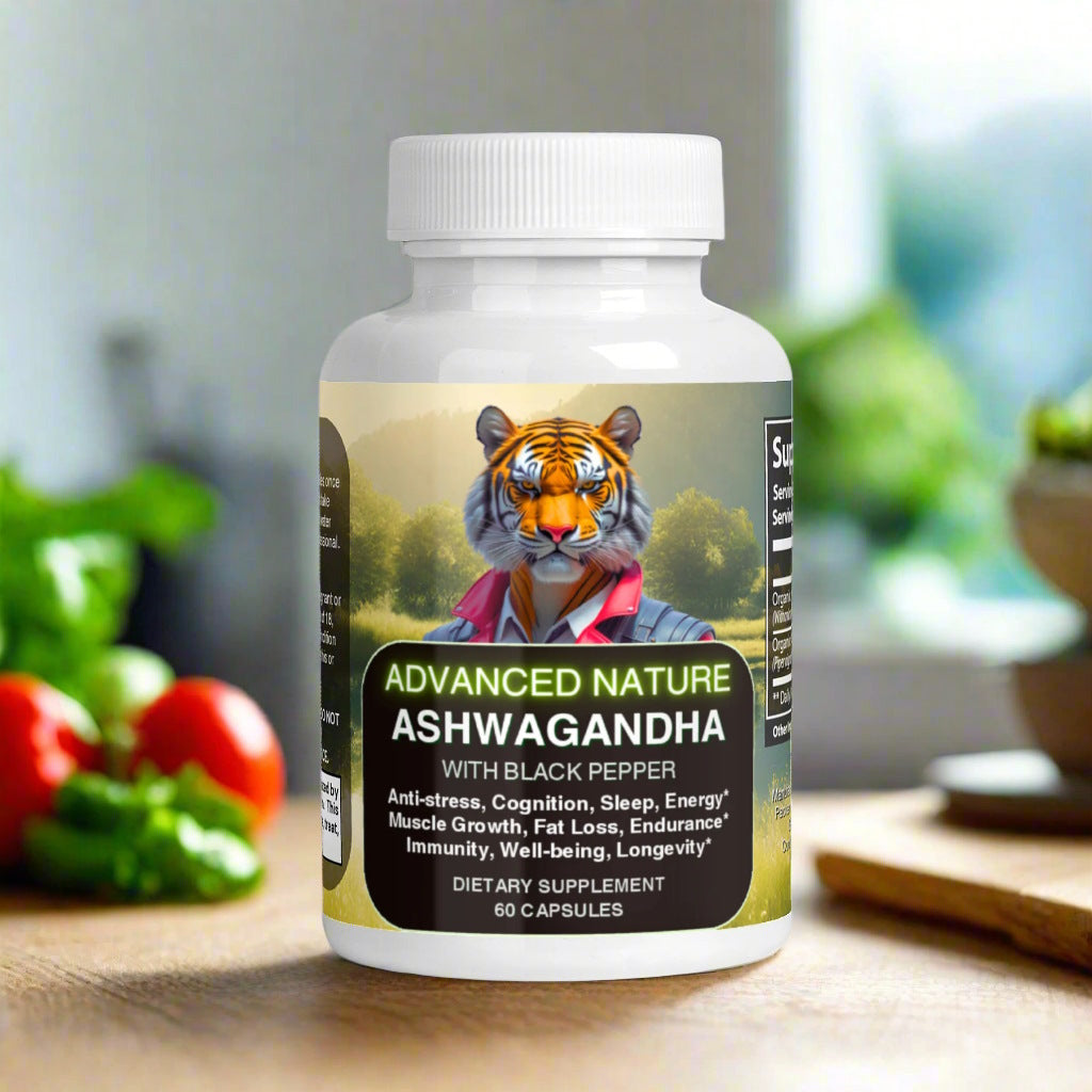 a white can of ADVANCED NATURE's ASHWAGANDHA supplement on a wooden table near vegetables, in a modern kitchen in front of a sunny window