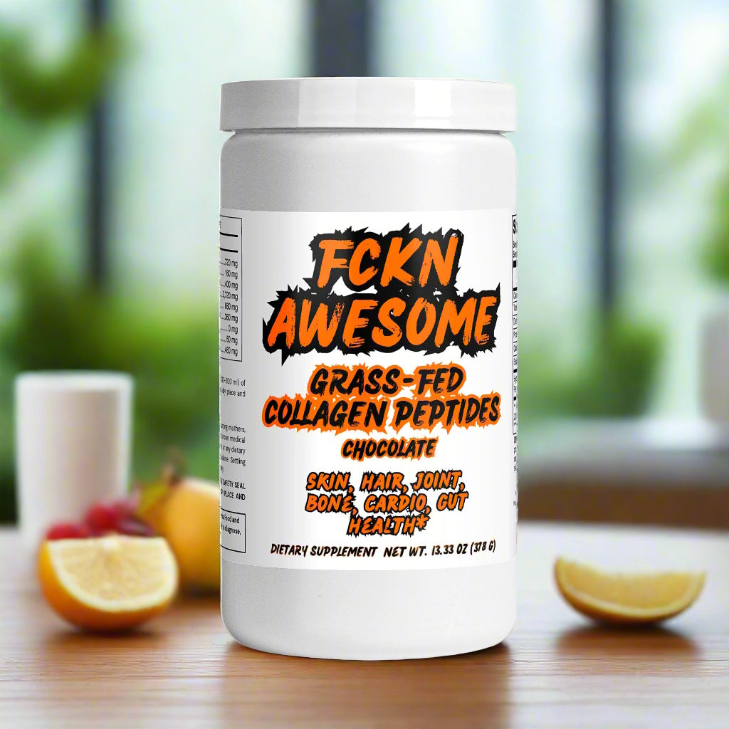 A white can of FCKN AWESOME's grass-fed collagen peptides (chocolate, 378 gram), in a modern kitchen on a wooden table near fruits, in front of a big sunny window