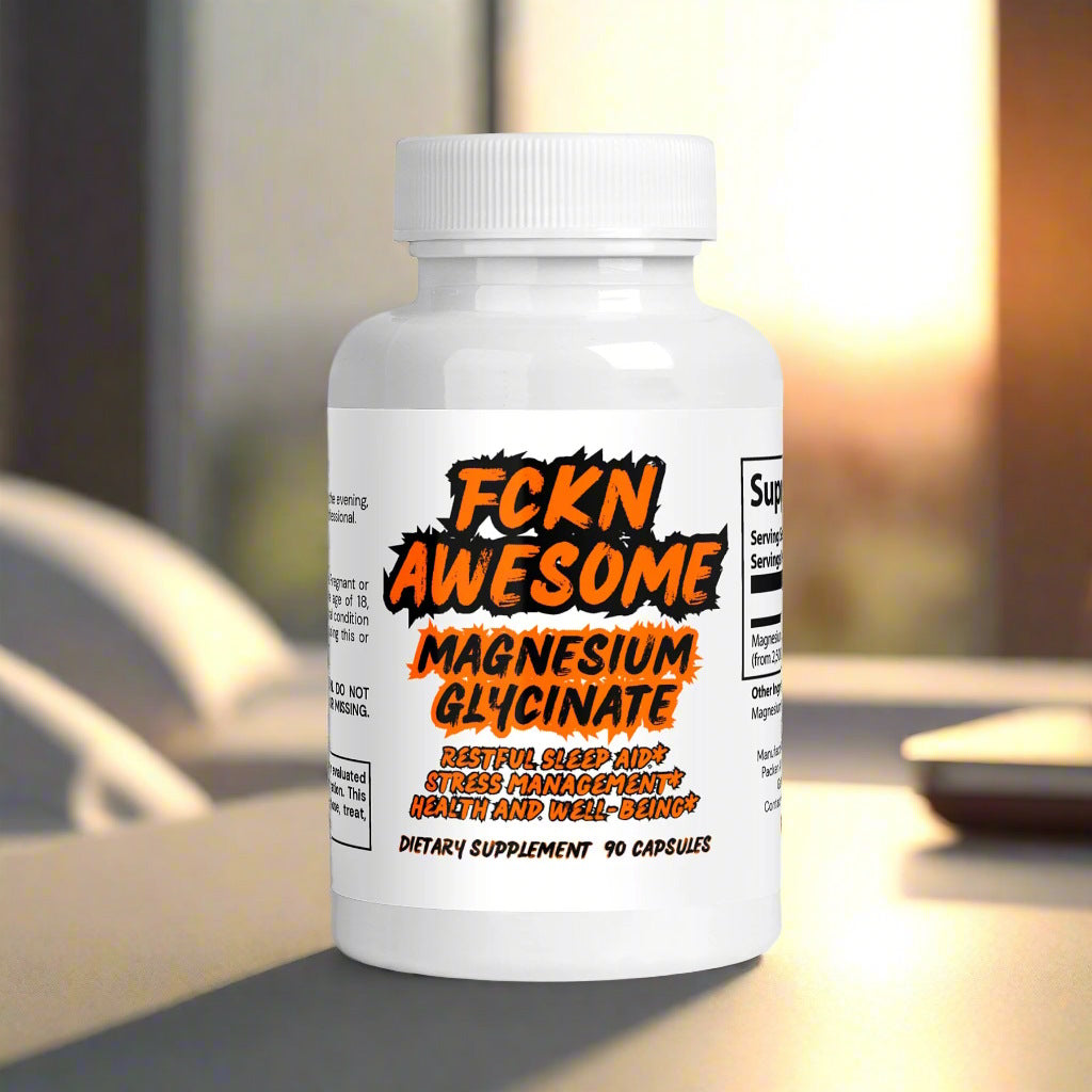 FCKN AWESOME Magnesium Glycinate supplement can, on a Hawaiian kitchen