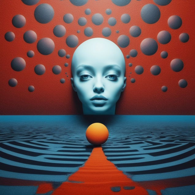 Calm bold girl's face, surrealistic, red and blue tones