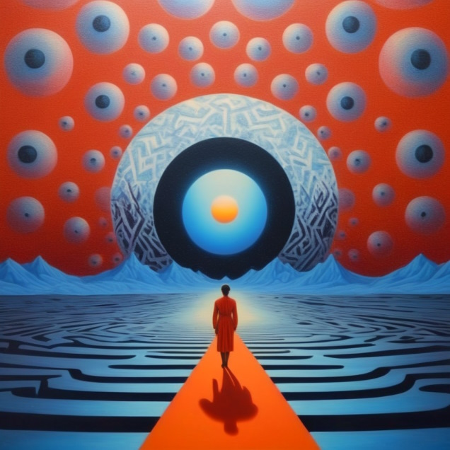 a surrealistic painting of a walking person in front of giant eye and above a blue labyrinth