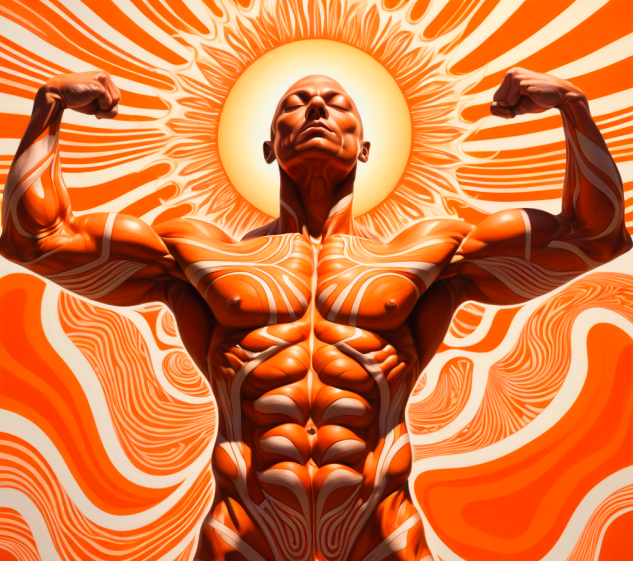 a man with big body muscles in front of surrealistic sun