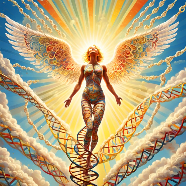 a rising angel girl from a DNA molecule, on a sky and sun background; epigenetics