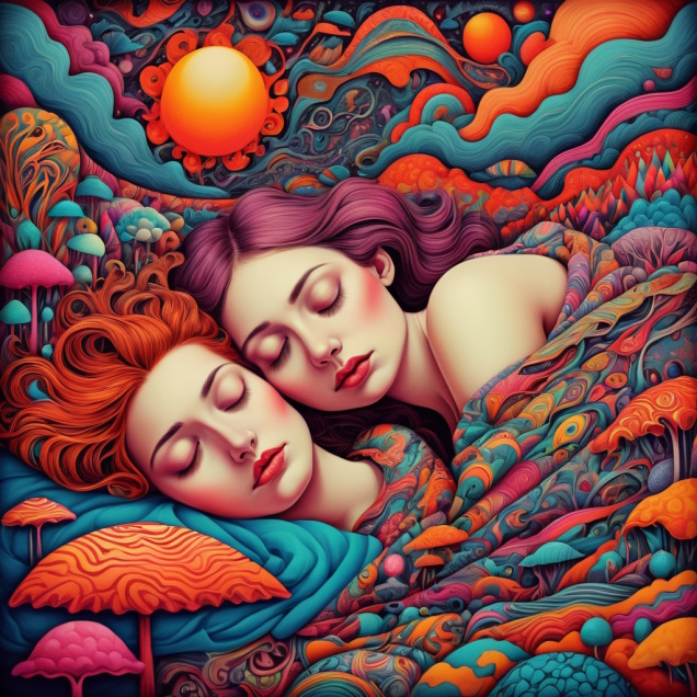 two persons are sleeping together, happy, surrealistic