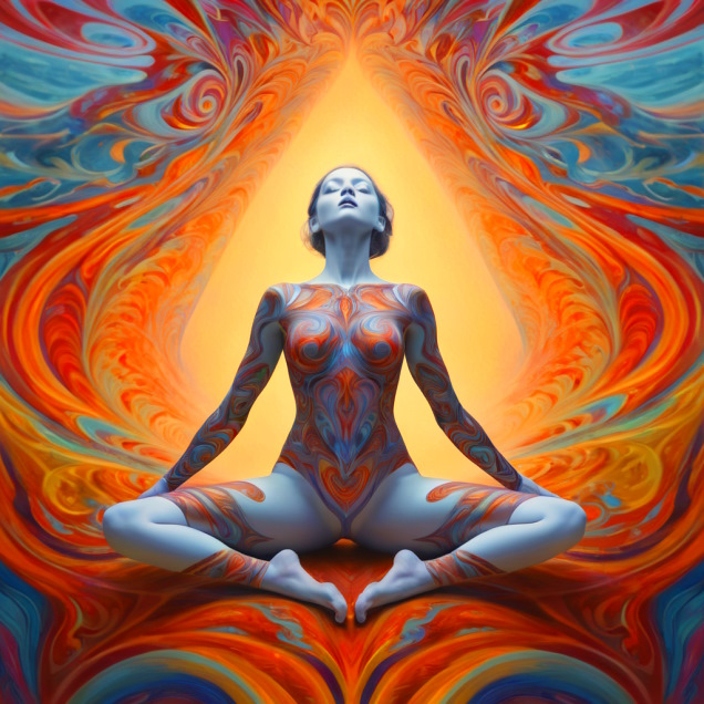 A meditating girl in a pose of lotus, surrealistic, vivid, colorful