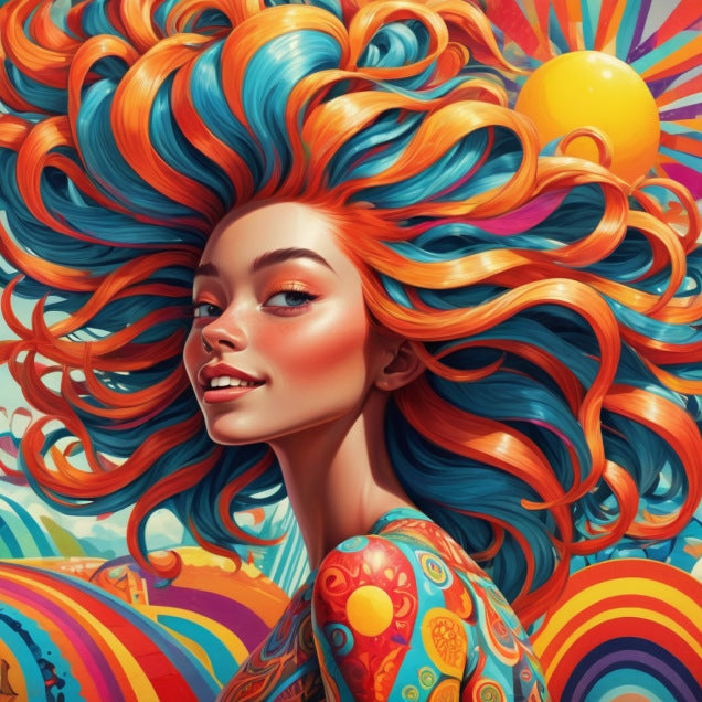 BIOHQ — SuperEnergy3000 — a happy smiling girl with colorful hair, sunny, vivid, surrealistic patterns