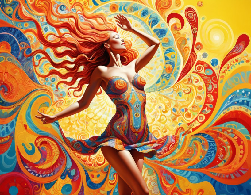 BIOHQ — SuperBody3000 collection — a dancing young woman, vivid, colorful, happy, sunny, surrealistic patterns