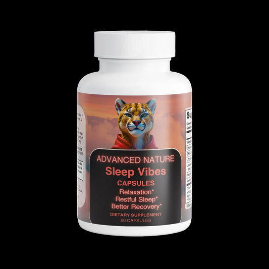 Photo of the ADVANCED NATURE's white plastic container with 60 capsules dedicated for sleep support. The packaging features playful yet modern graphics, including a stylized cougar wearing a red hoodie as part of the logo. The design highlights the product’s focus on promoting restful sleep, relaxation and better recovery. The container contains 60 capsules.