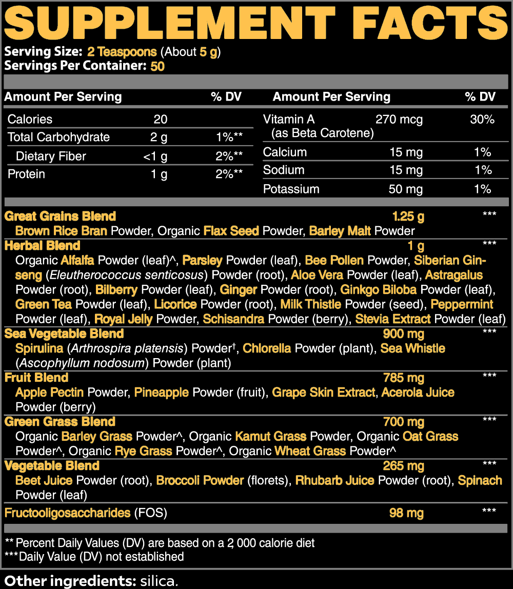 ADVANCED NATURE Smoothie Greens. Supplement Facts. Servings: 50 (2 tsp).
Macros: Calories 20, Carbs 2g, Protein 1g.
Vitamins: Vit A 30%, Calcium 1%, Sodium 1%, Potassium 1%.