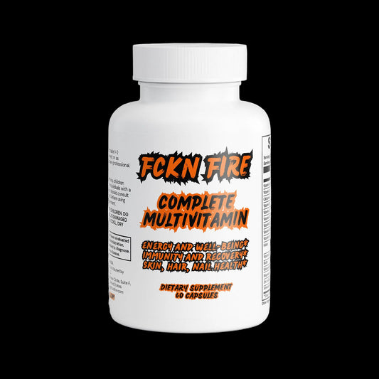 A white bottle of dietary supplements labeled "FCKN FIRE Complete Multivitamin" in bold, graffiti-style orange and black text. The label highlights benefits such as "Energy and Well-Being," "Immunity and Recovery," and "Skin, Hair, Nail Health." The bottle contains 60 capsules, and the black background makes the vibrant label stand out.