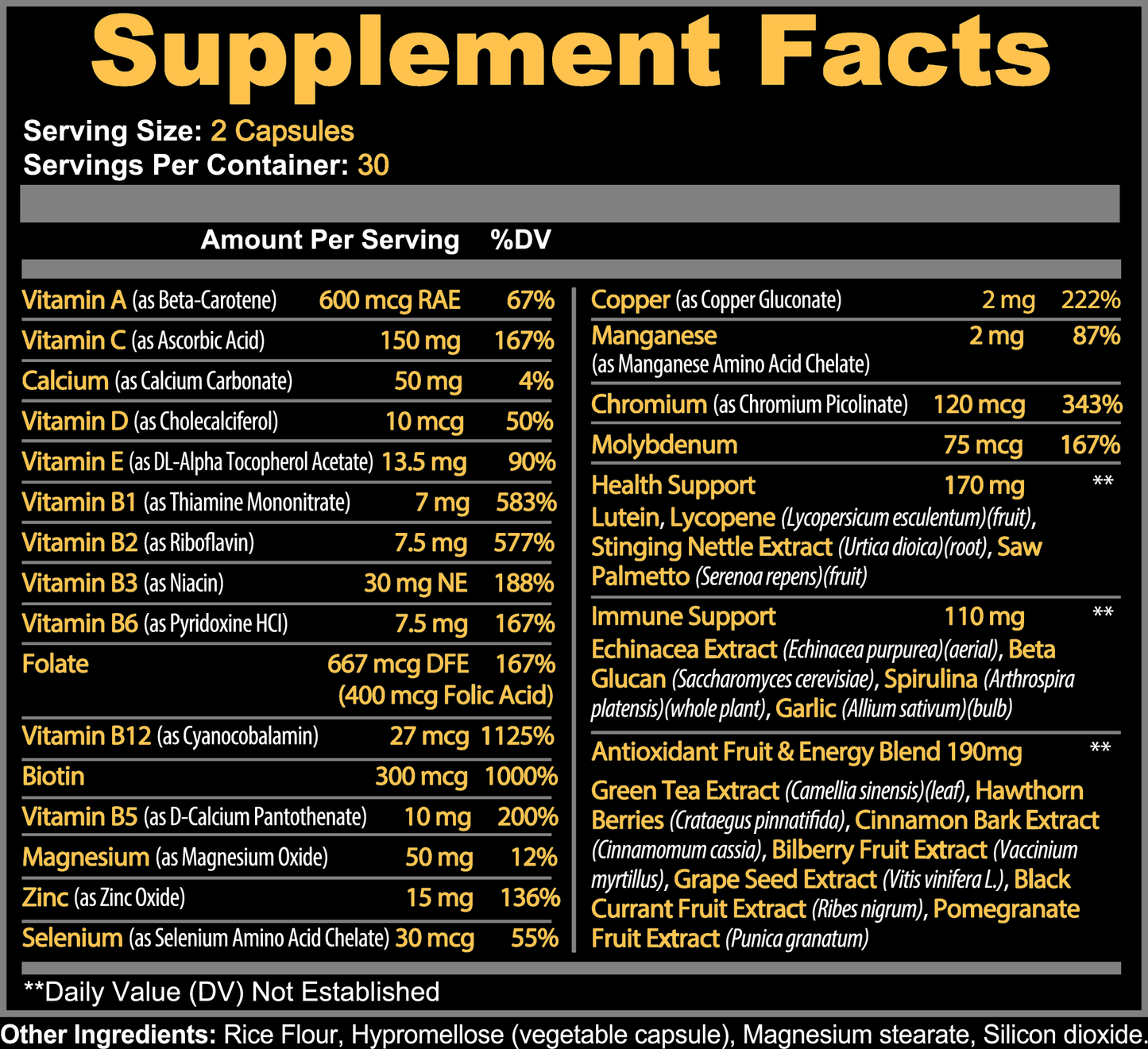 Supplement Facts for FCKN FIRE Complete Multivitamin, 60 capsules (30 servings)