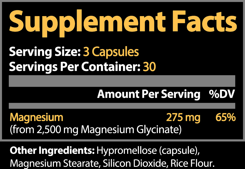 Magnesium Glycinate supplement facts label showing 90 capsules with 30 servings per container, with 3 capsules per serving which contain 275mg Magnesium per serving (from 2500 mg Magnesium Glycinate), representing 65% of %DV. Other ingredients: Hypromellose (capsule), Magnesium Stearate, Silicon Dioxide, Rice Flour.