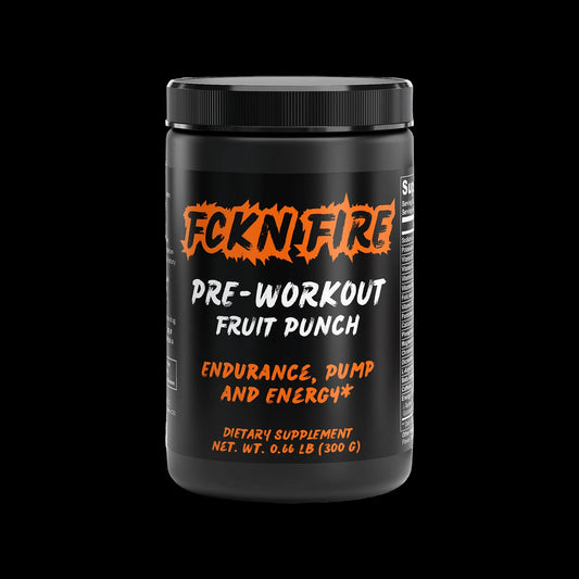 A black can of dietary supplements labeled FCKN FIREE PRE-WORKOUT FRUIT PUNCH with bold, graffiti-style orange and black text. The label highlights benefits such as endurance, pump, and energy, and includes product details like a net weight of 0.66 LB (300 G). The design features a black background that makes the vivid text stand out.
